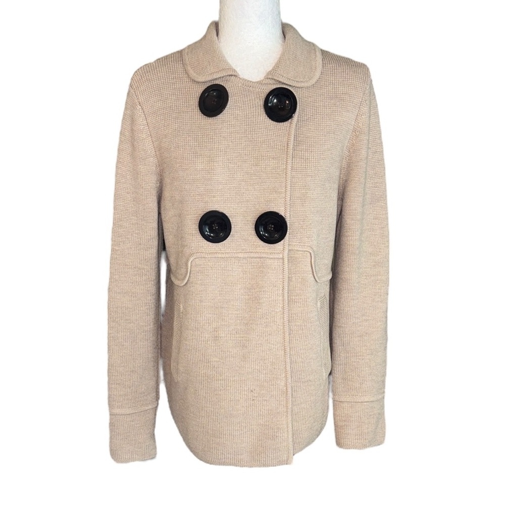 Magaschoni Tan Double Breasted Collared Knit Sweater Jacket Cardigan - M